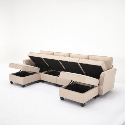 Indigo Linen Multi-Configuration Sectional Sofa with Storage and Adjustable Armrest/Backrest
